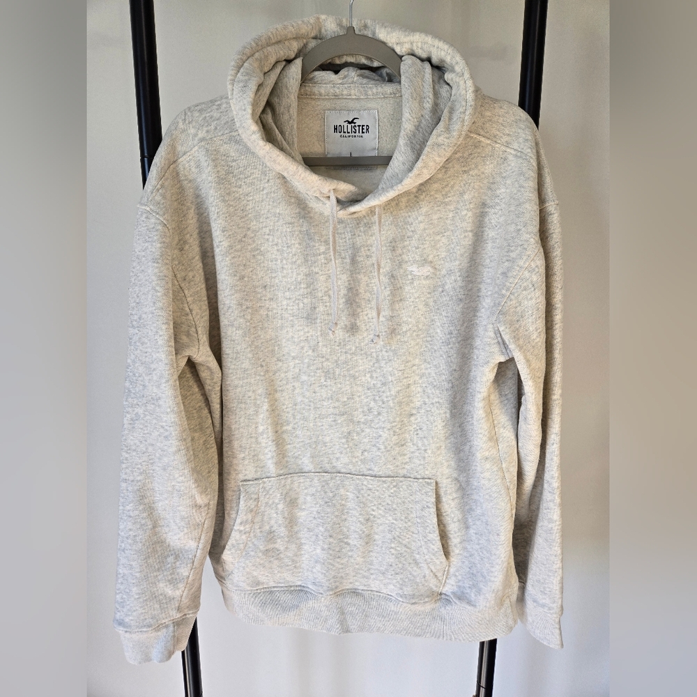 Hollister Logo Hoodie Mens Large Fleece Pullover Sweatshirt Grey / Cream White